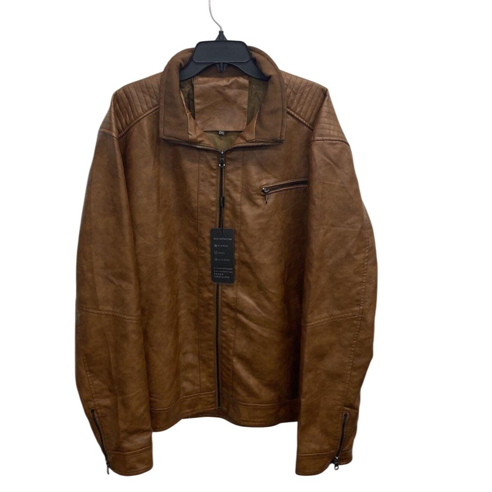 Wulful Mens Brown Faux Leather Full Zip Moto Jacket Quilted Shoulders 2XL NEW